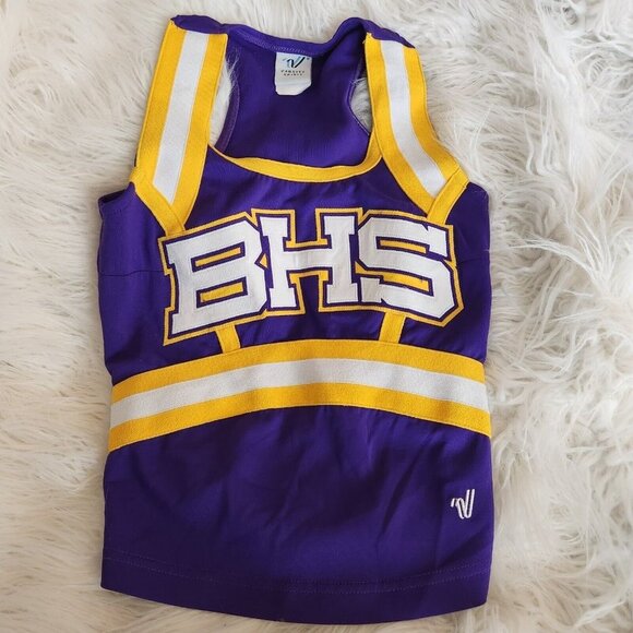 VARSITY Cheerleader Uniform Top purple‎ yellow Cheer  Made Sz 32+2 - Picture 1 of 7
